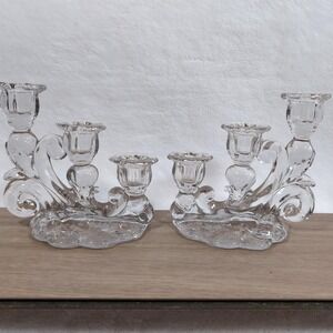 Vintage Cambridge Rose Point Glass Candelabra Pair 3 Tier Etched Candlesticks